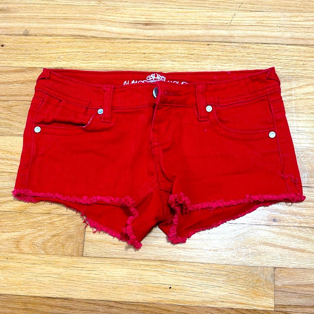 red jean shorts